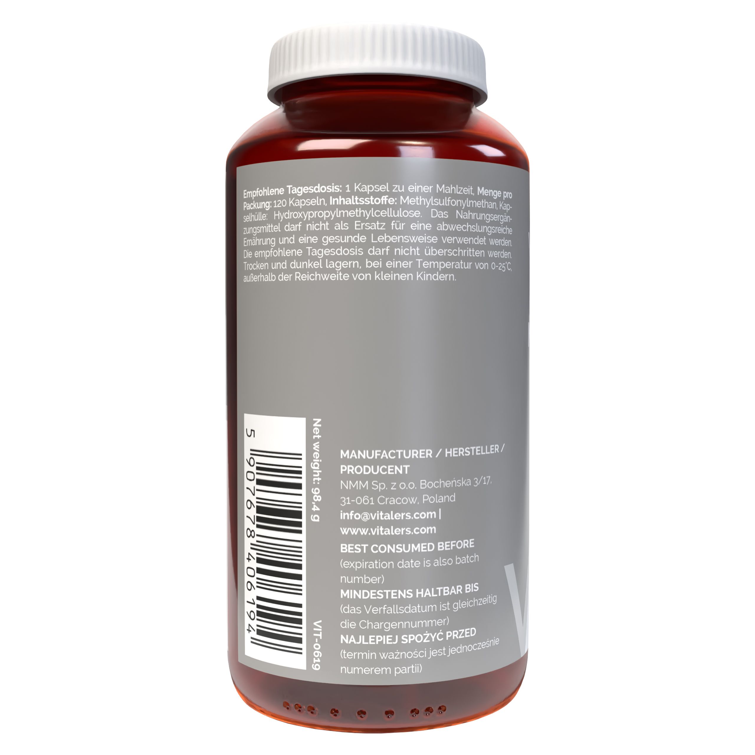 Rückseite einer Vitaler's MSM Kapsel-Flasche mit Etikett, Barcode und Herstellerangaben.