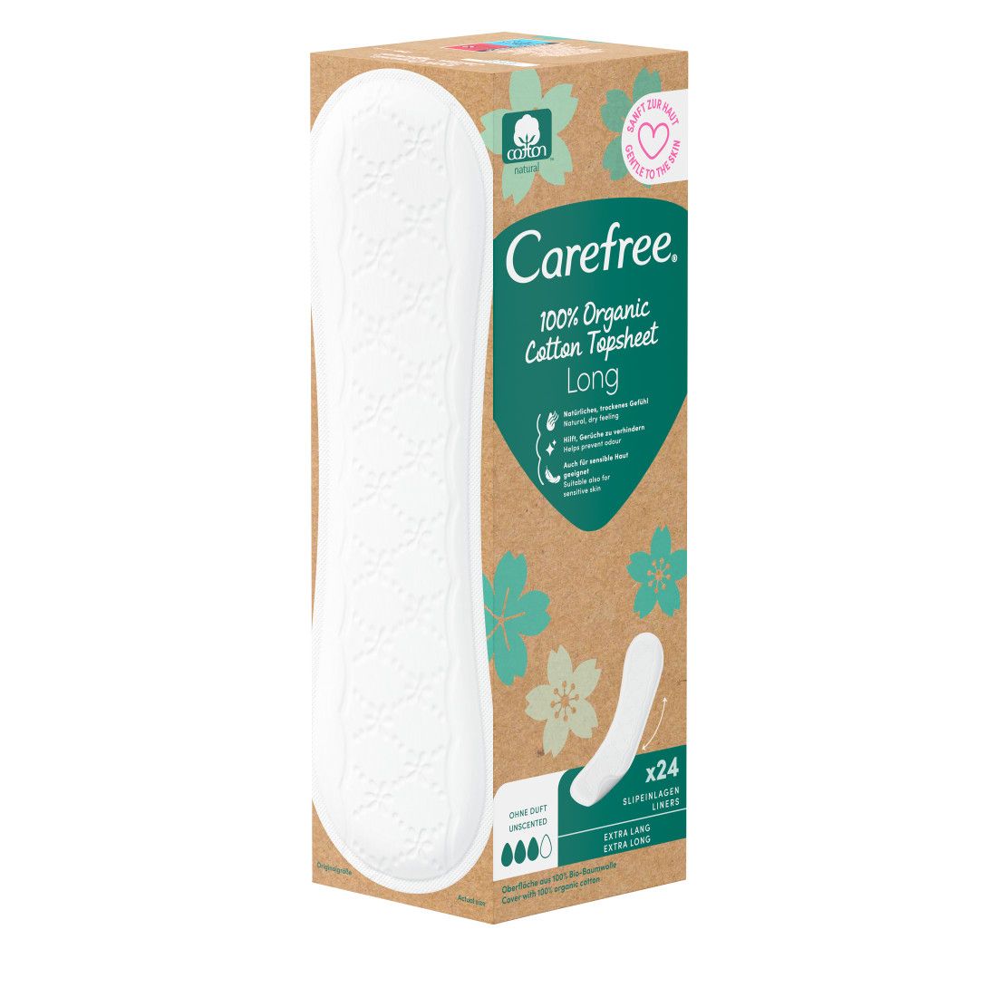 Carefree Slipeinlagen, Organic Long ohne Duft, in Verpackung. 24 Stück. Verpackung zeigt Produkt und Slipeinlage.