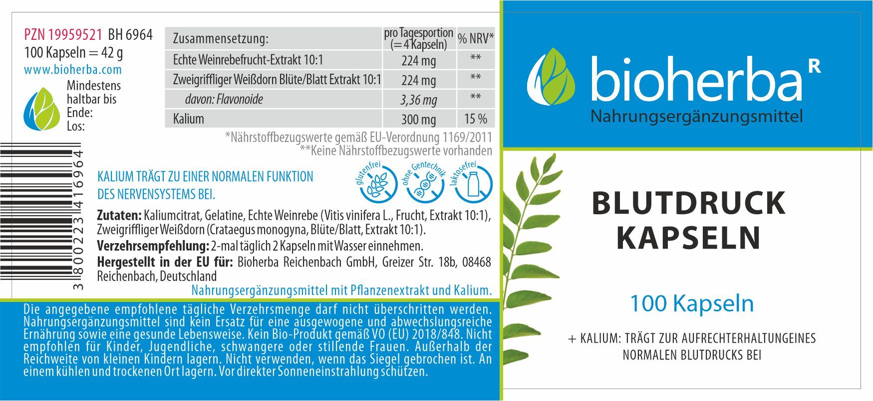Etikett mit Produktinformationen. Aufschrift: Bioherba, Blutdruck Kapseln, 100 Kapseln. Enthält Inhaltsstoffe und Nährwertangaben.