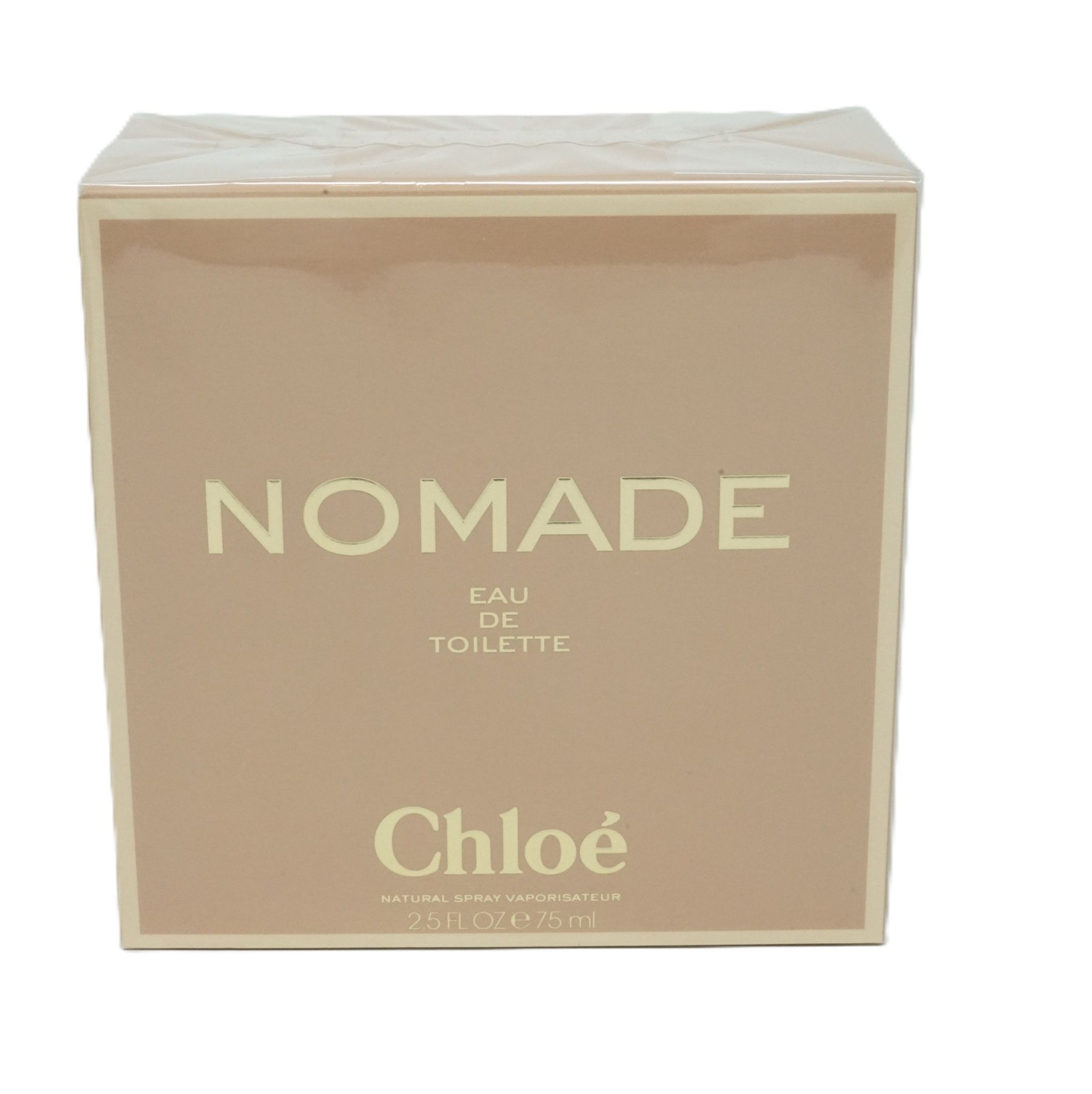 Kartonverpackung mit Aufschrift "NOMADE Eau de Toilette". Marke: Chloé. Beige und goldfarben.