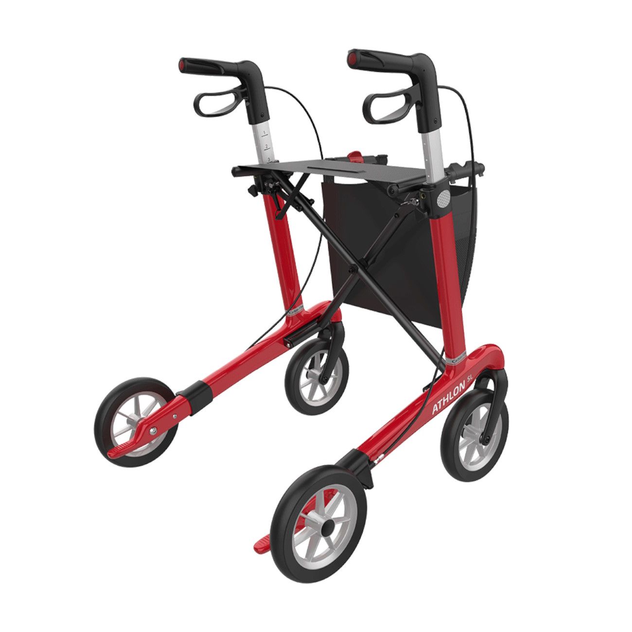Roter Rollator mit vier Rädern. Vorderräder sind nach vorne ausgeklappt. ATHLON-Logo sichtbar.