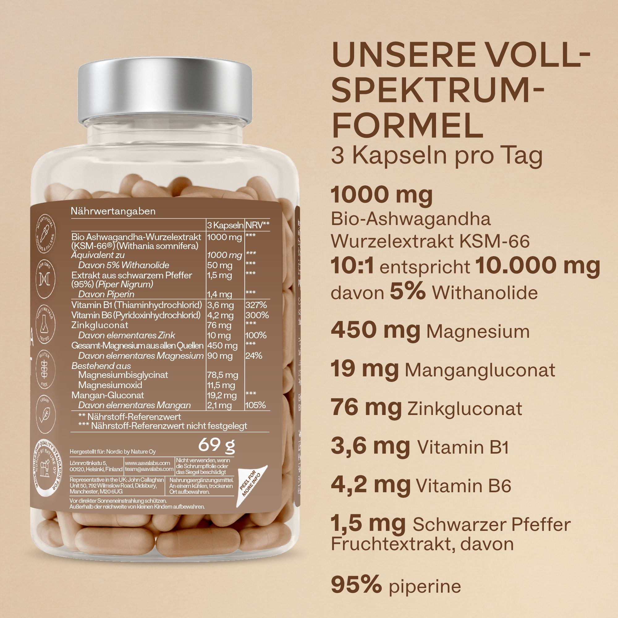 Aavalabs Ashwagandha KSM 66 Flasche mit Nährwertangaben und Inhaltsstoffen.