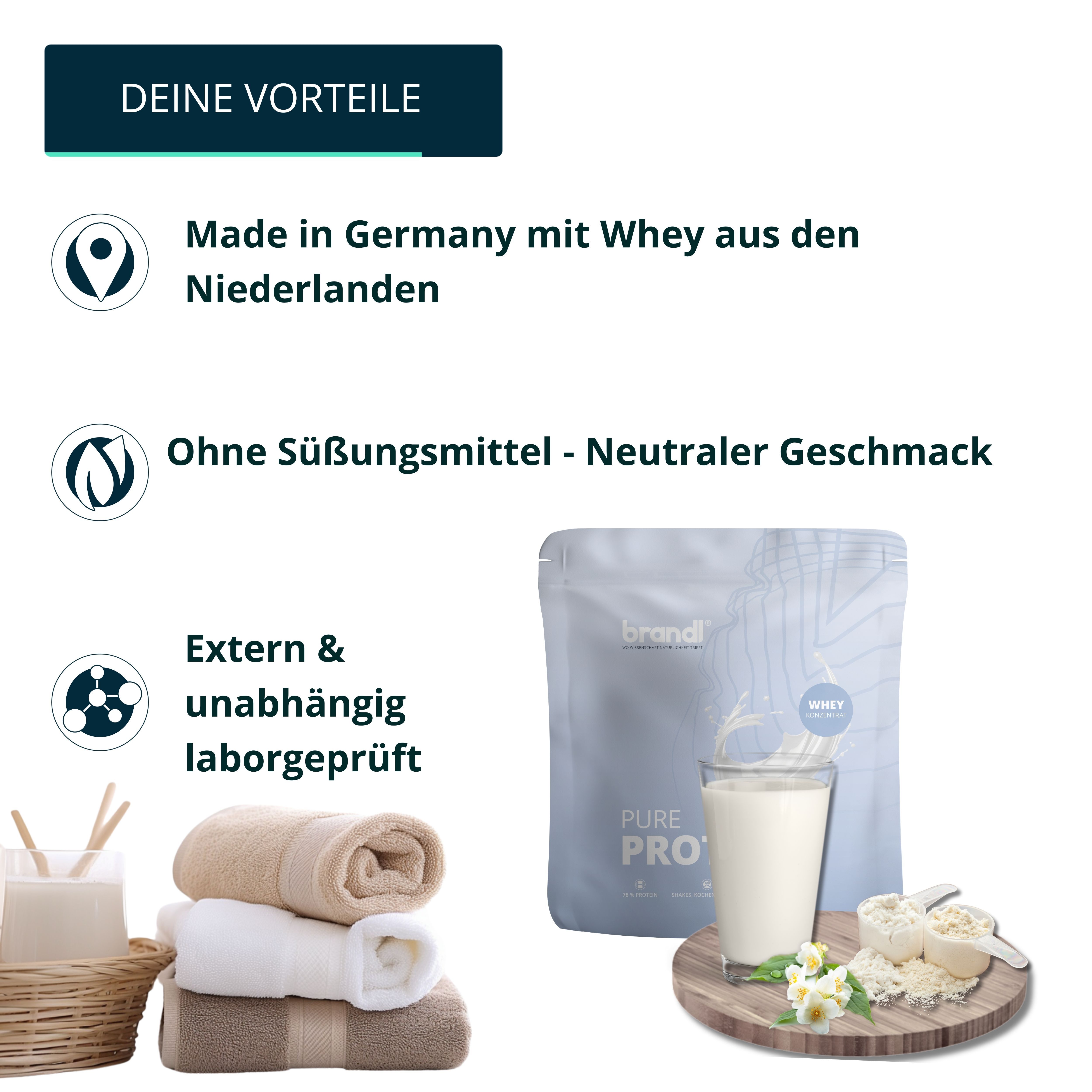 Beutel brandl® Pure Protein, Glas mit Proteinshake, Handtücher. Text: Made in Germany, ohne Süßungsmittel, extern geprüft.
