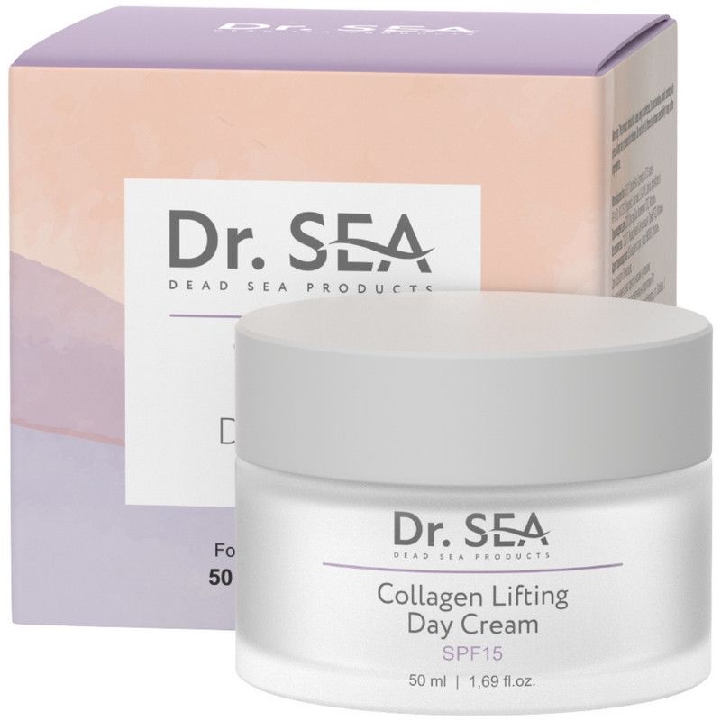 Creme-Tiegel und Verpackung. Aufschrift: Dr. SEA, Collagen Lifting Day Cream, SPF15, 50 ml.