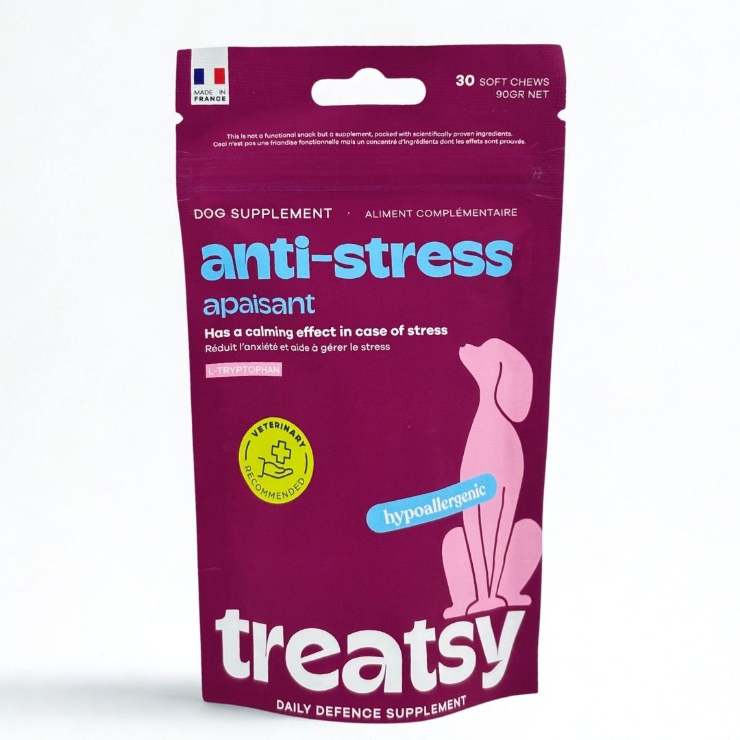Produktverpackung mit Anti-Stress-Ergänzungsfuttermittel für Hunde. 30 Soft Chews, 90g.