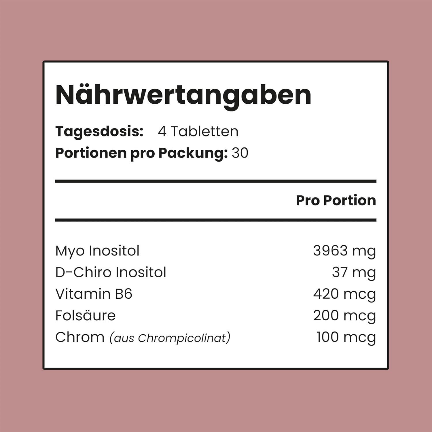 Nährwertangaben für Myo- und D-Chiro-Inositol Komplex: 3963 mg Myo Inositol, 37 mg D-Chiro Inositol, 420 mcg Vitamin B6, 200 mcg Folsäure, 100 mcg Chrom.