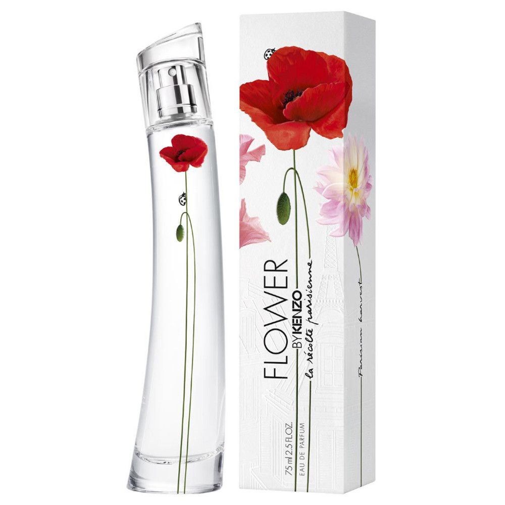 Glasflakon mit roter Mohnblume und Verpackung. Aufschrift: Flower by Kenzo, Eau de Parfum.