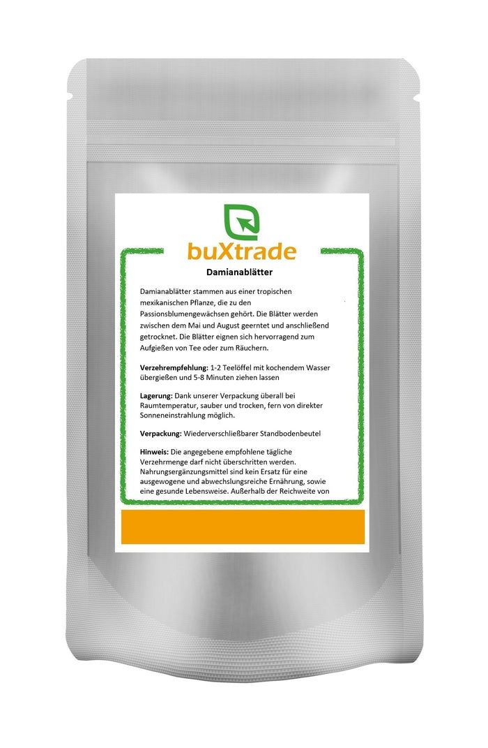 Beutel mit Damianablättern. Aufschrift: buXtrade Damianablätter. Text in Grün auf weißem Hintergrund. Wiederverschließbarer Standbodenbeutel.