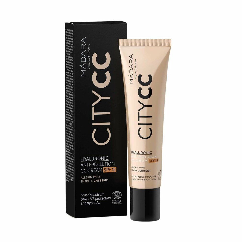 Creme-Tube und Schachtel. Aufschrift: Madara City CC, Hyaluronic Anti-Pollution CC Creme, LSF 15. Farbton: Light Beige.