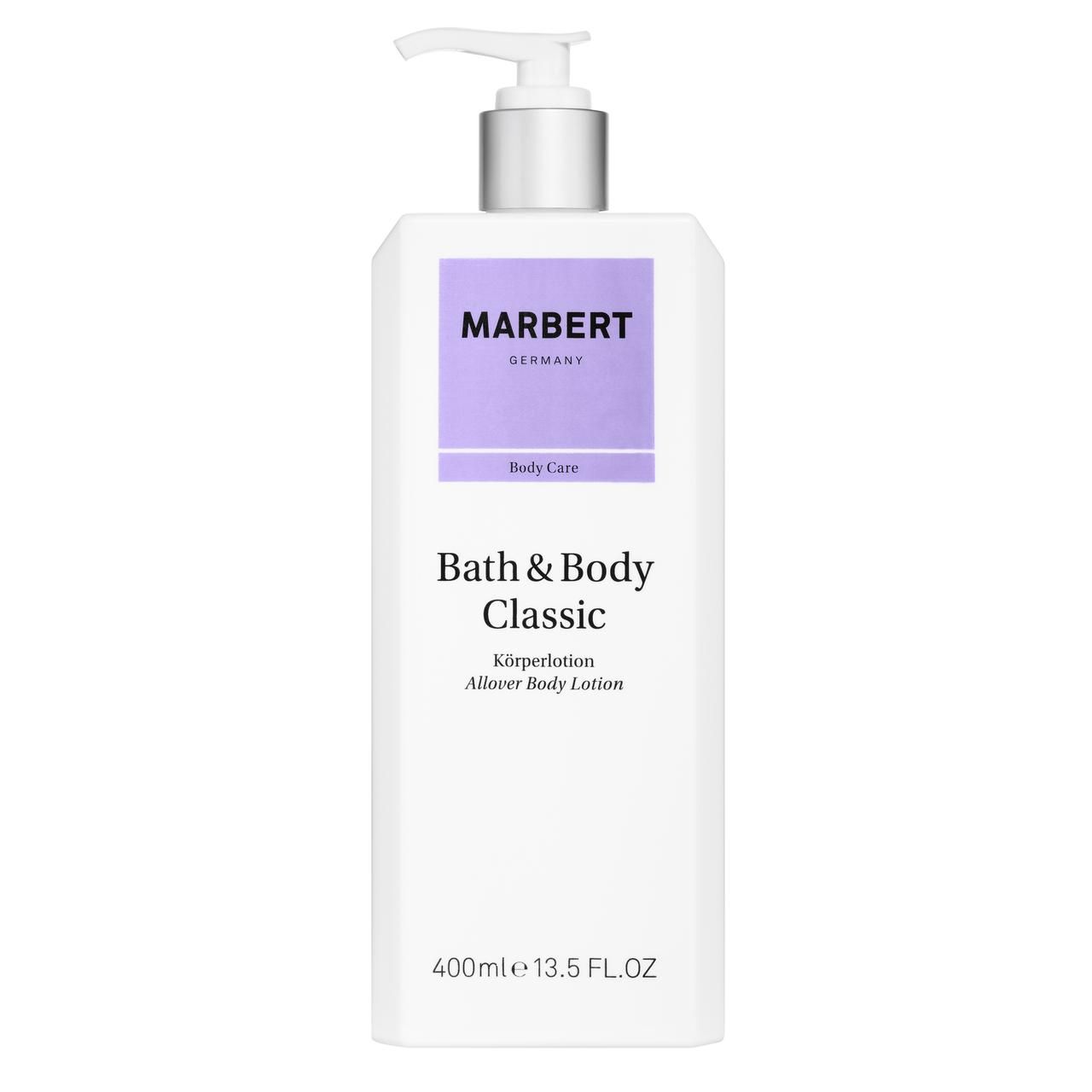 Weiße Flasche mit Pumpverschluss. Aufkleber mit MARBERT, Bath & Body Classic, und Schriftzug. 400ml.