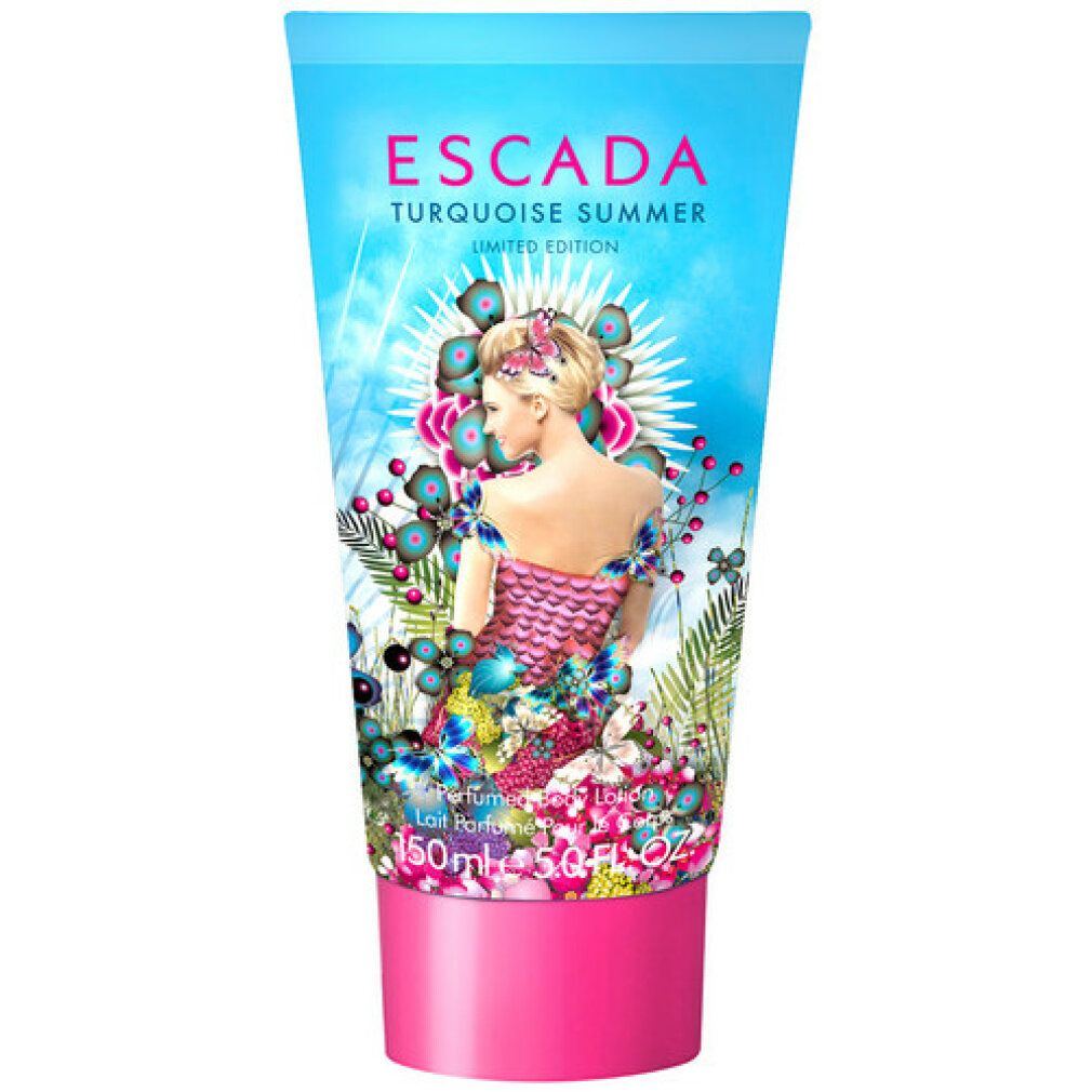 Türkisblaue Tube mit Aufdruck. Frau mit Blumenmuster. Text: Escada Turquoise Summer, Limited Edition, Body Lotion, 150ml.