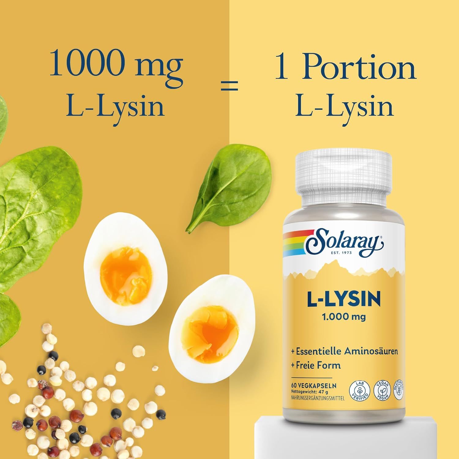 Vergleich: 1000 mg L-Lysin entspricht 1 Portion. Flasche Solaray L-Lysin Kapseln neben gekochten Eiern und Spinat.