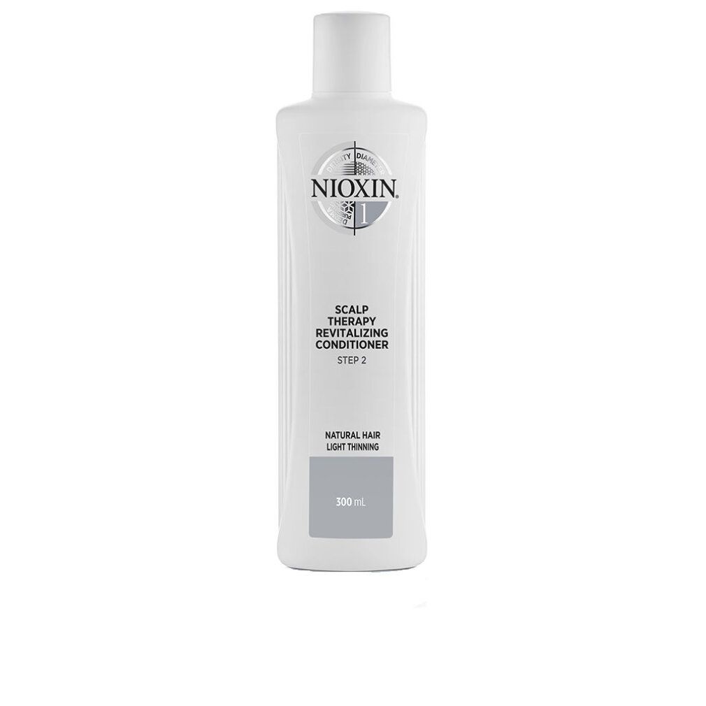 Weiße Flasche Nioxin. Beschriftung: Scalp Therapy Revitalizing Conditioner, Step 2. Für natürliches, leicht dünner werdendes Haar. Volumenangabe.