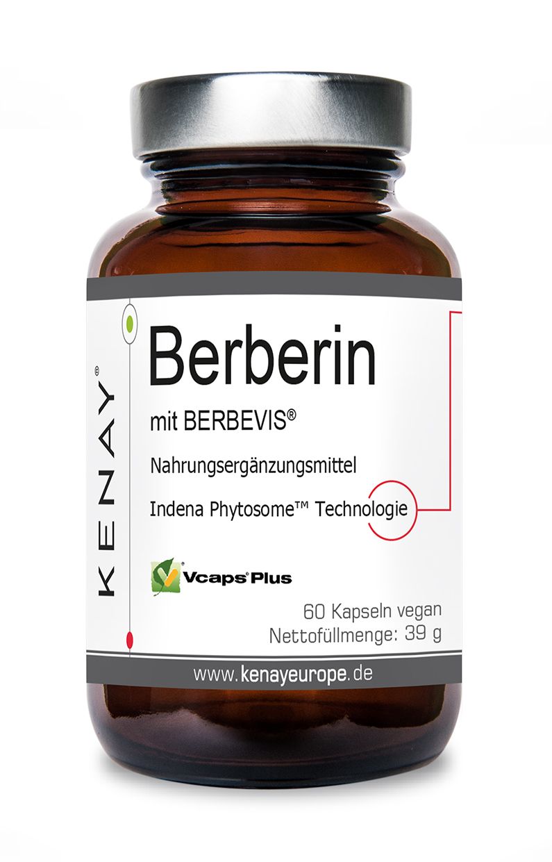 Braune Glasflasche mit weißem Etikett. Aufschrift: Berberin mit BERBEVIS®, KENAY®. 60 Kapseln, vegan.