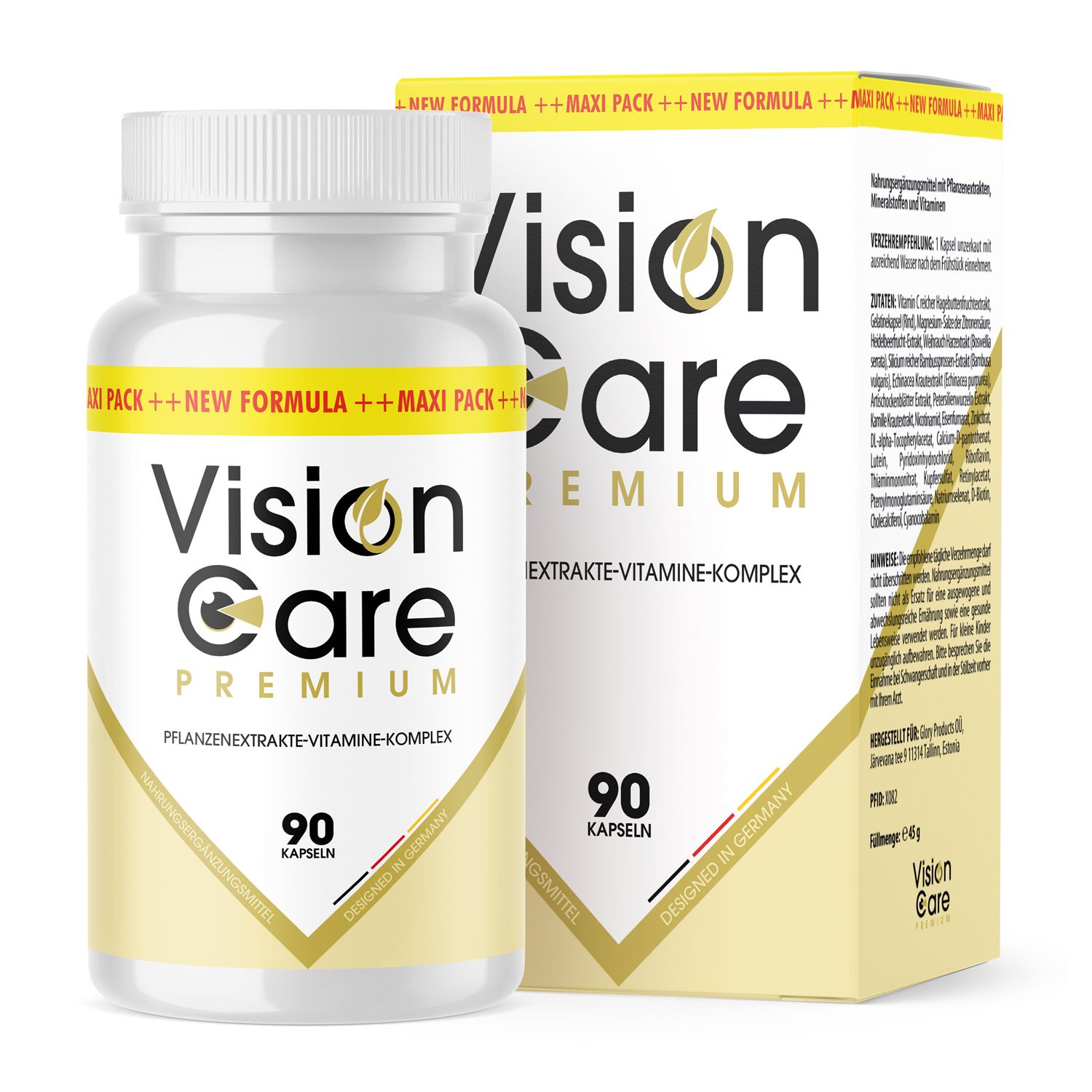 Vision Care Premium-Kapseln in einer weißen Flasche und Verpackung. Aufschrift: Extrakt-Vitamine-Komplex, 90 Kapseln. "Designed in Germany".