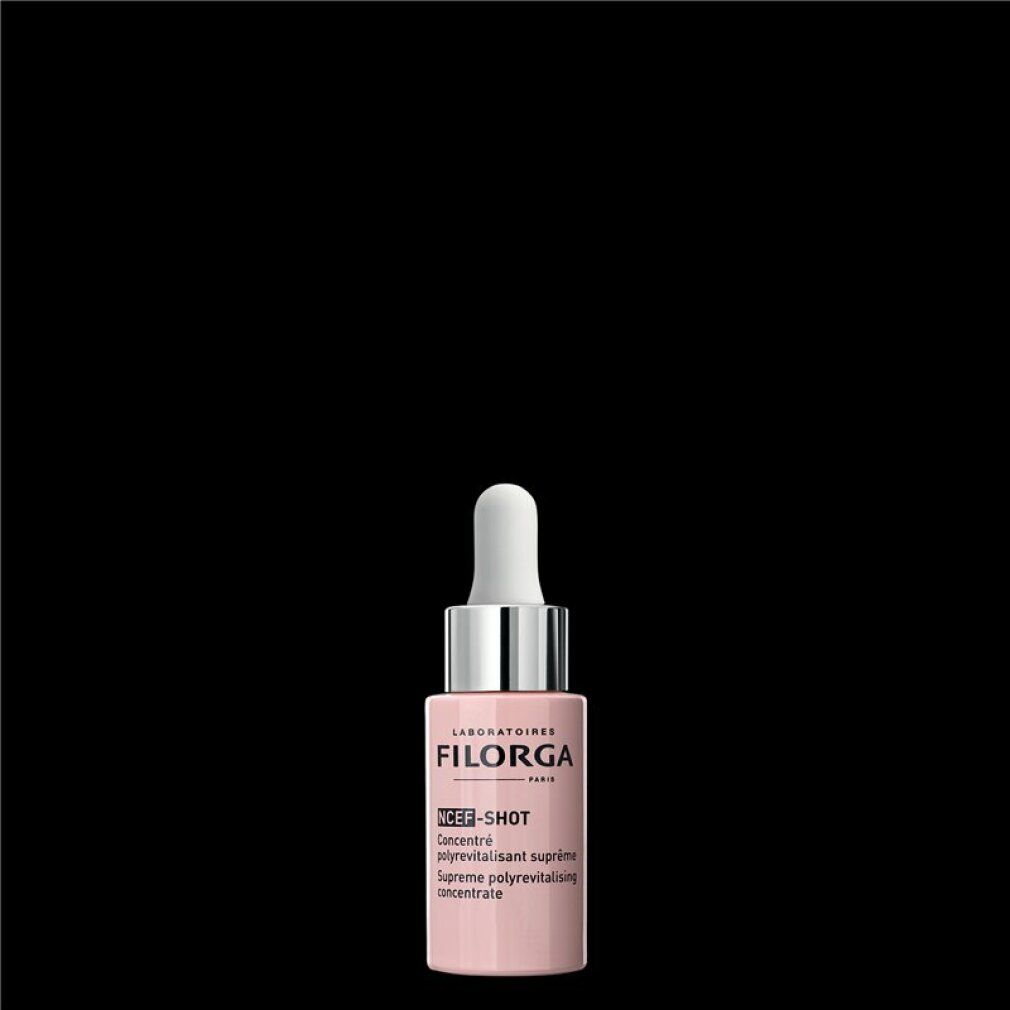 Rosa Flasche mit silberner Kappe und weißem Applikator. Beschriftung: FILORGA NCEF-SHOT.