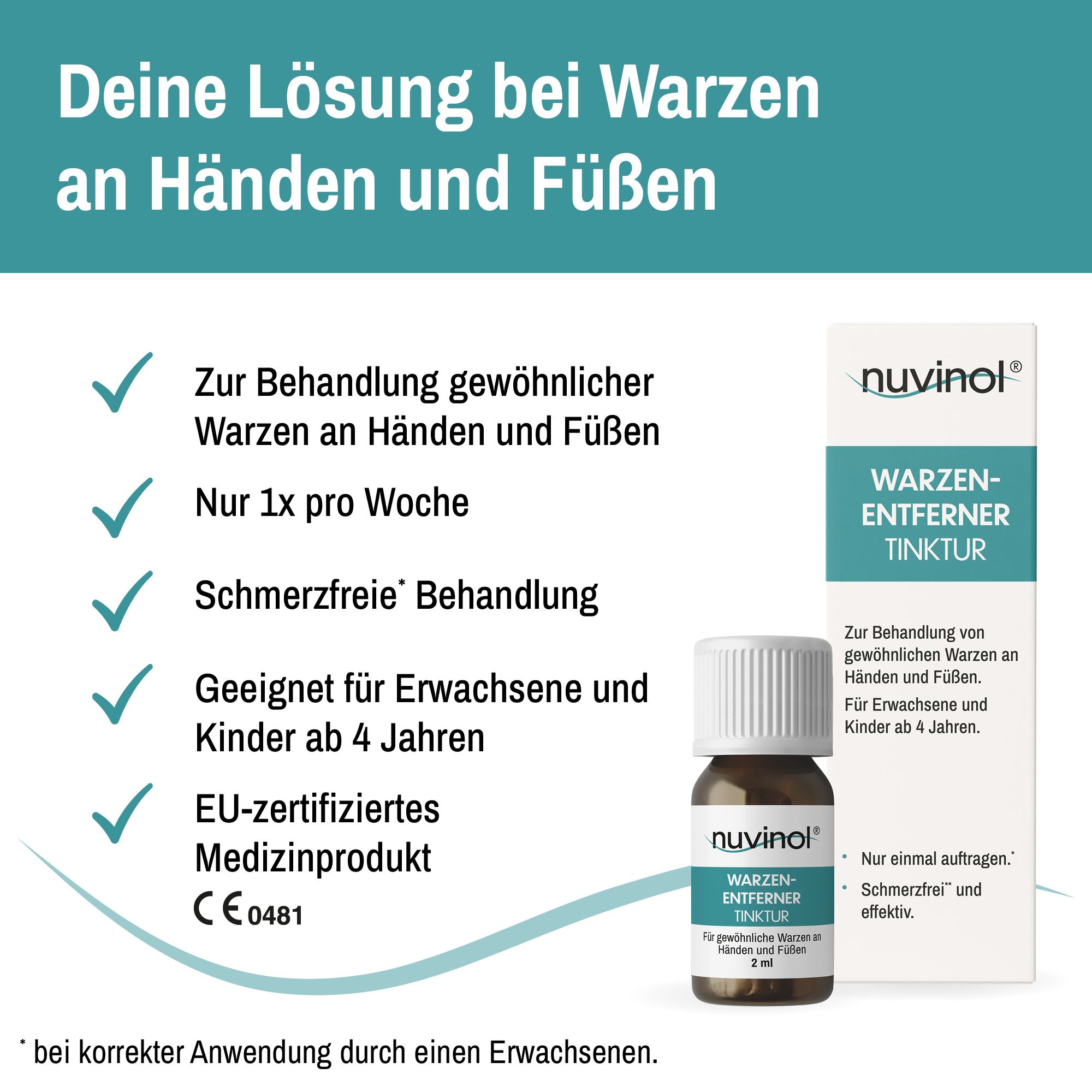 Produkt und Verpackung von nuvinol Warzenentferner Tinktur. Text: Behandlung von Warzen an Händen und Füßen. EU-zertifiziertes Medizinprodukt.