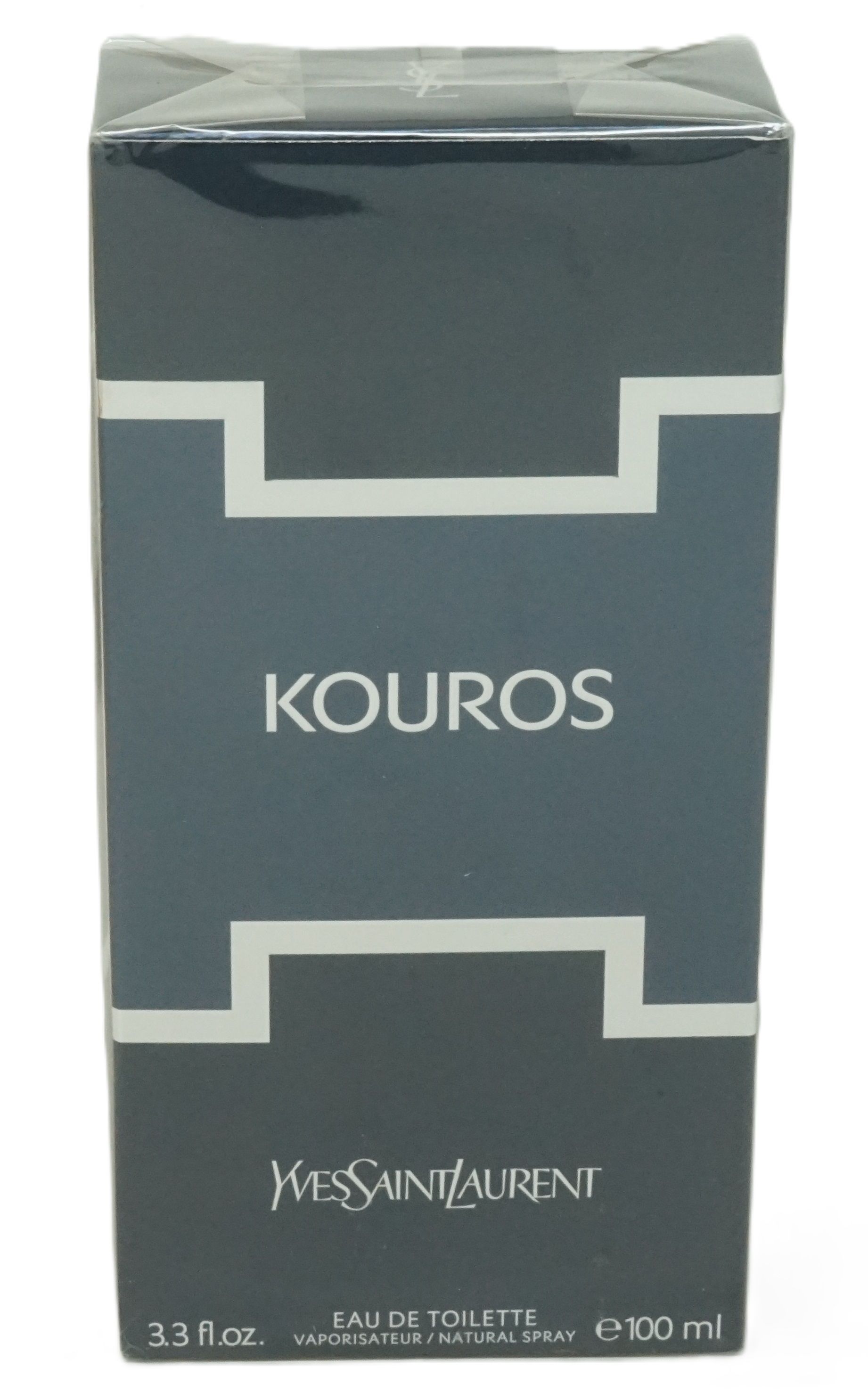 Yves Saint Laurent Kouros Eau de Toilette. Schwarze Verpackung mit weißem Logo und Schriftzug. 3.3 fl.oz.