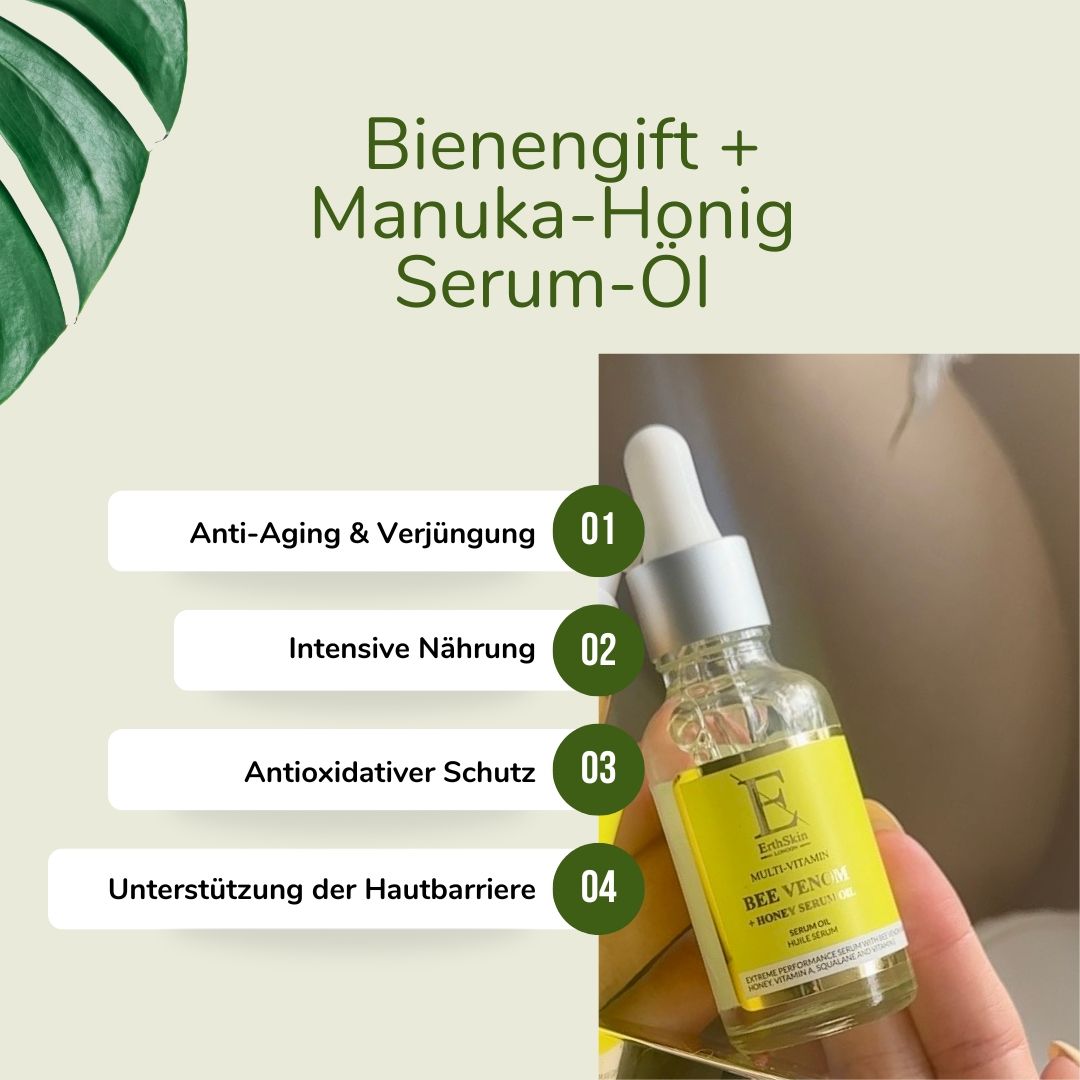 Produktflasche mit Text: Bienenengift + Manuka-Honig Serum-Öl. Vier Textfelder mit Beschreibungen. Hand hält Flasche.
