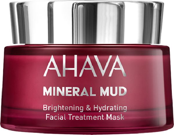 Rote Dose mit silbernem Deckel. Aufschrift: AHAVA MINERAL MUD Brightening & Hydrating Facial Treatment Mask.