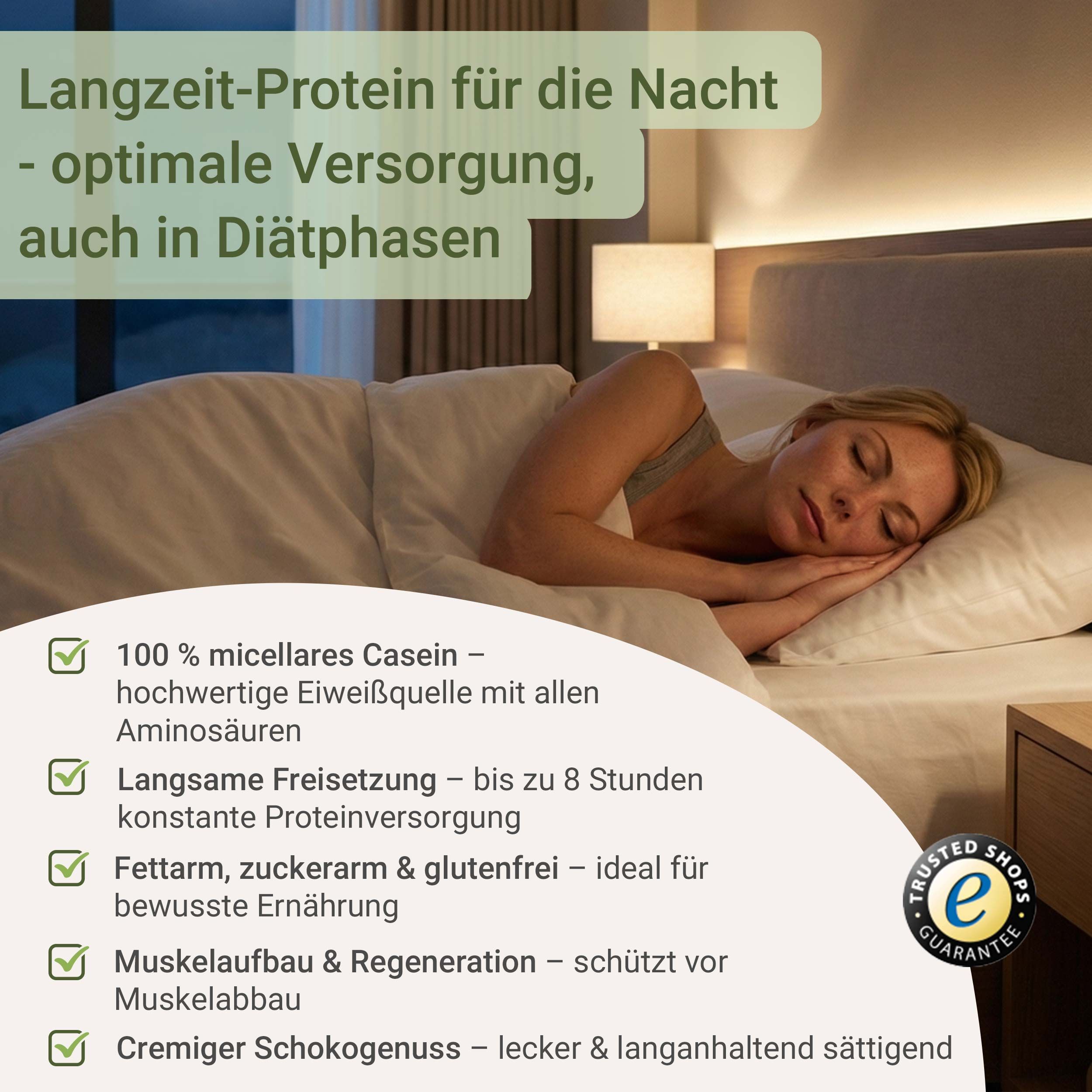 Frau schläft im Bett, neben einer Liste von Vorteilen des Nachtproteins.