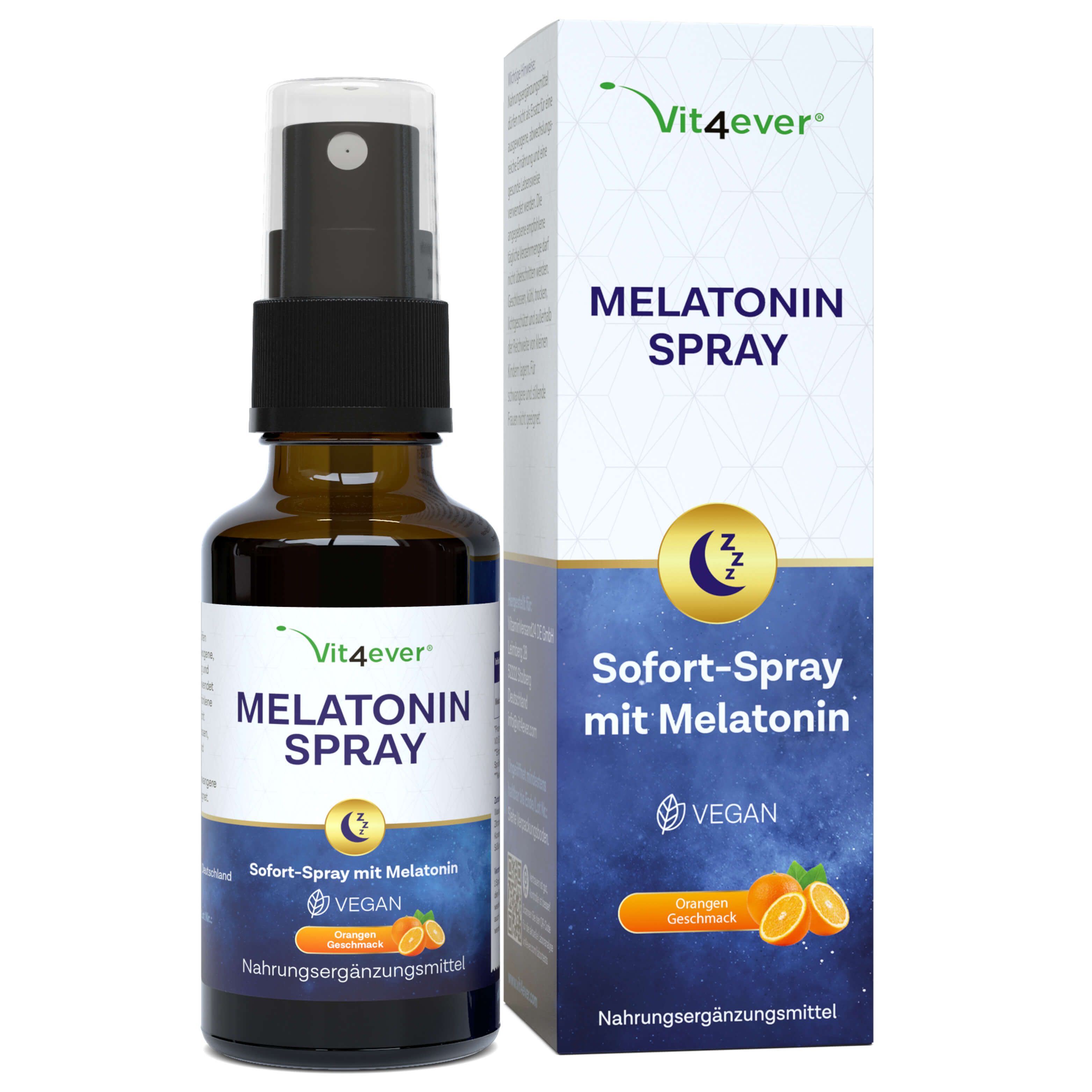 Melatonin Spray von Vit4ever. Braune Glasflasche mit Sprühkopf und Produktetikett. Enthält 30ml. Vegan. Orangefarbenes Design.