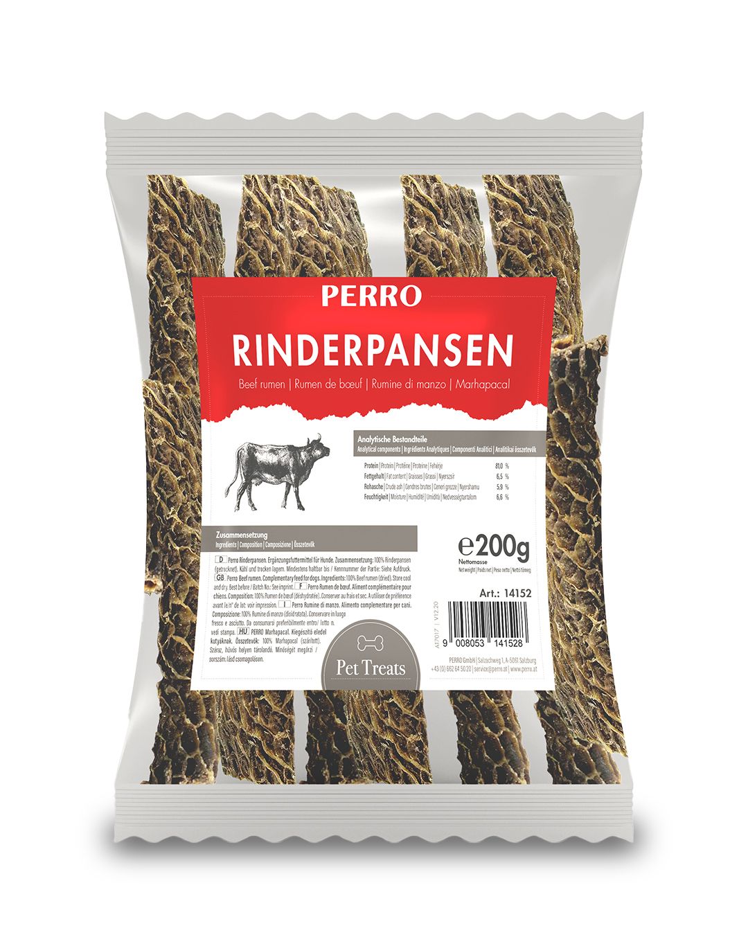 Verpackung mit Kauartikeln. Aufschrift: PERRO Rinderpansen. Rindermagenstücke in Folienverpackung. Gewicht: 200g.