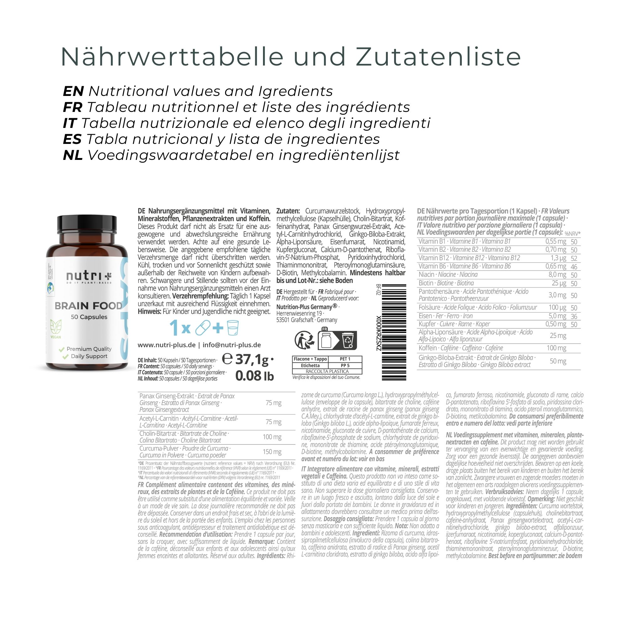 Text mit Nährwertangaben und Zutatenliste für nutri+ Brainfood Kapseln. Enthält Informationen in Deutsch, Englisch, Französisch, Italienisch und Niederländisch.