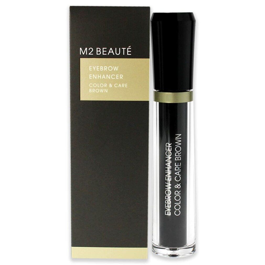 M2 Beauté Eyebrow Enhancer, braun, mit Verpackung. Schwarze Flasche mit schwarzem Deckel und brauner Schrift. Schwarze Verpackung.