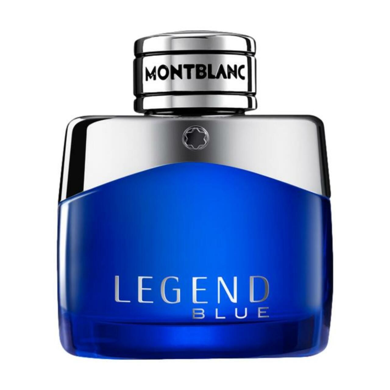 Blauer Flakon mit silbernem Deckel. Aufschrift LEGEND BLUE und MONTBLANC. EdP Nat. Spray.