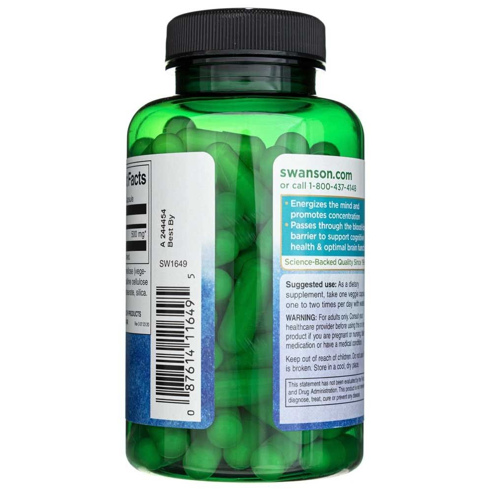 Rückseite einer Flasche Swanson Acetyl L-Carnitin mit Anwendungshinweisen und Warnhinweisen.