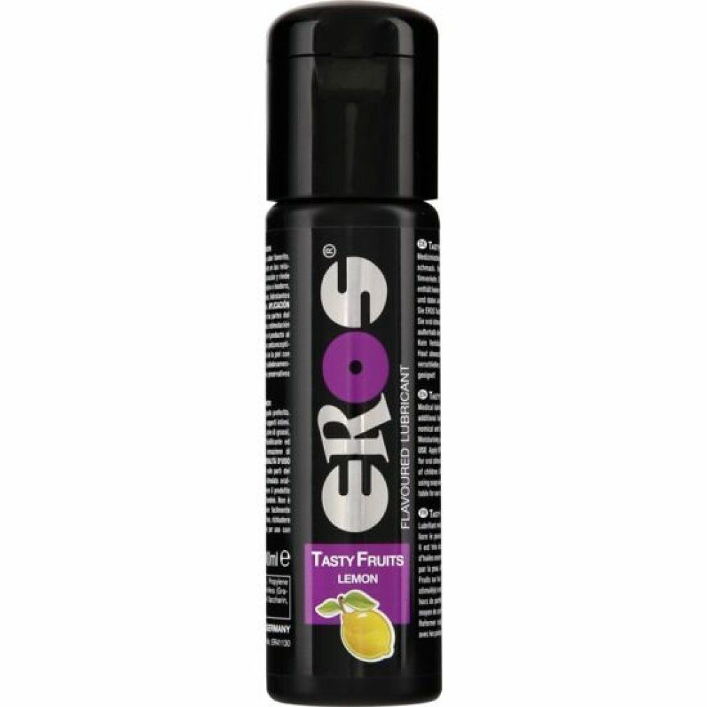 Eros Tasty Fruits Zitronen Gleitgel in schwarzer Flasche mit Klappdeckel. Lila Akzent im Logo. Zitronen-Illustration unten.