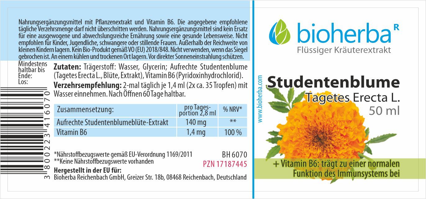 Etikett mit Produktinformationen. Text: Bioherba Studentenblume, Tagetes Erecta L. Extrakt, 50 ml. Enthält Vitamin B6. Zutatenliste.