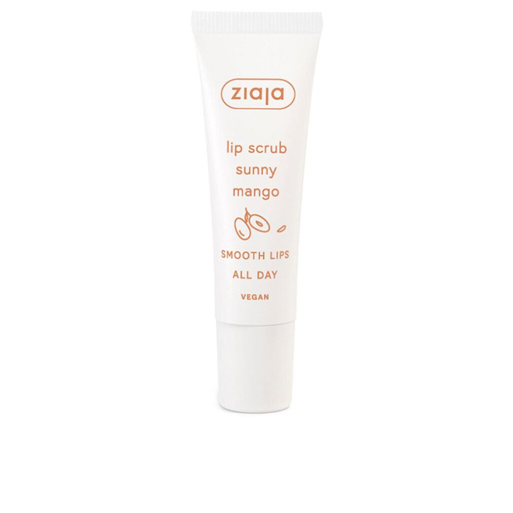 Weiße Tube mit Produkttext. Aufschrift: Ziaja, Lip Scrub Sunny Mango, Smooth Lips All Day, Vegan. Abbildung von Früchten.