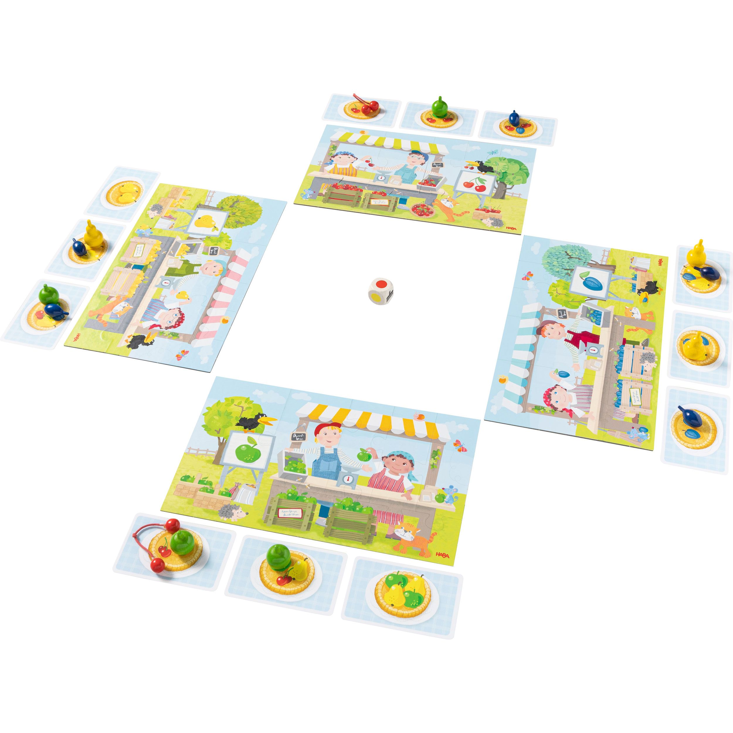 Spielbrett mit vier Spielbereichen. Enthält Spielkarten, Würfel und Spielfiguren. Auf weißem Hintergrund.