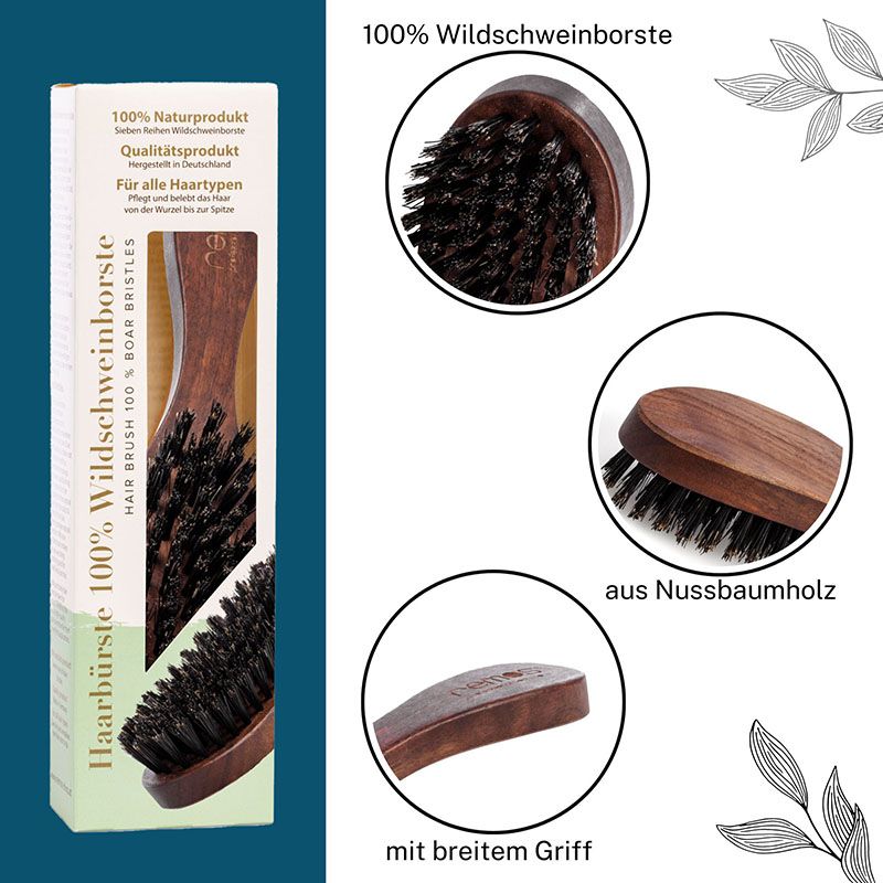 Haarbürste mit Wildschweinborsten, verpackt in einer Schachtel. Details: Holz, Borsten, Griff. Text: 100% Wildschweinborste.