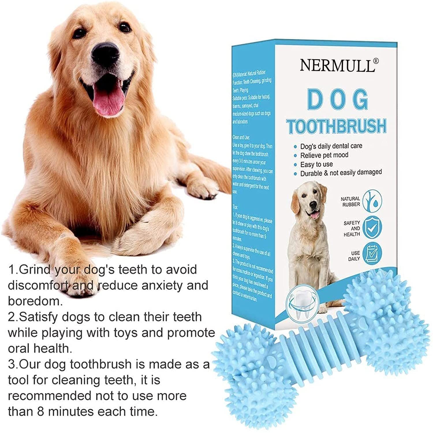Hunde-Zahnbürste in Knochenform. Blaue Zahnbürste mit Borsten. Verpackung mit Produktinformationen und Hund.