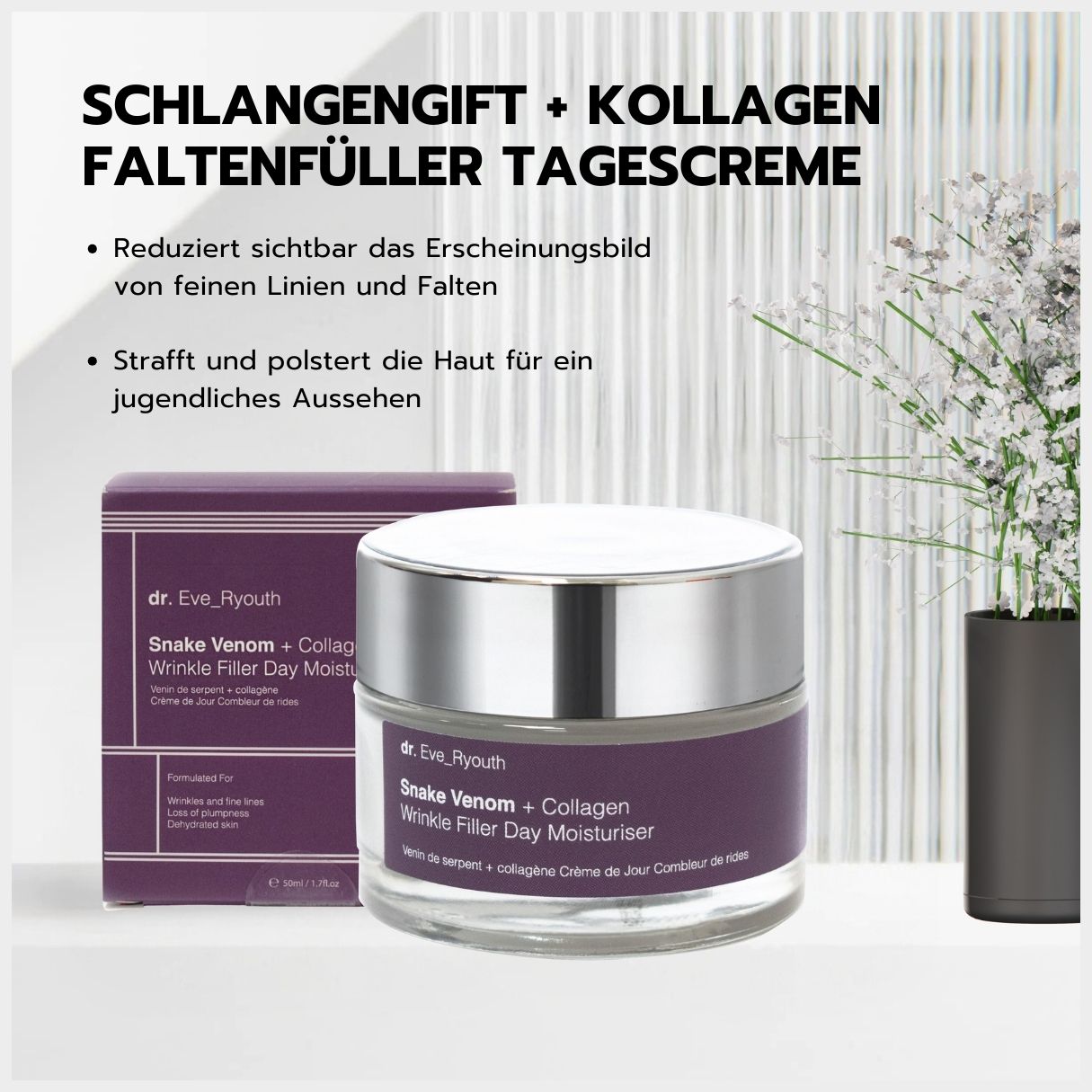 Dr. Eve_Ryouth Schlangengift + Kollagen Faltenfüller Tagescreme mit Verpackung und Produktvorteilen.