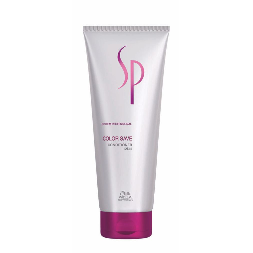 Weiße Tube mit pinkfarbenem Deckel. Aufschrift SP, COLOR SAVE, Conditioner. Wella Logo.
