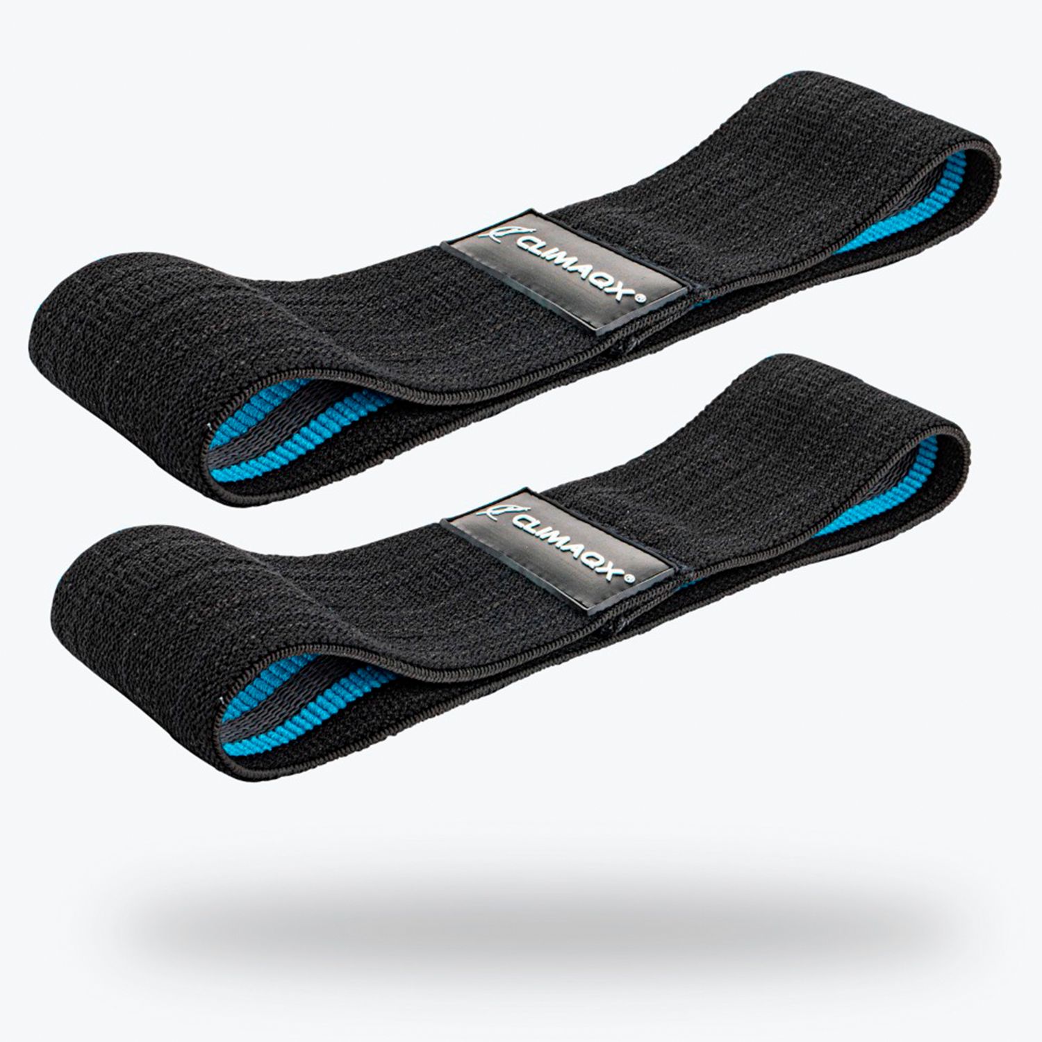 Zwei schwarze Widerstandsbänder mit blauem Innenfutter. Auf jedem Band ist ein schwarzes Etikett mit dem Logo "CLIMAXQ".