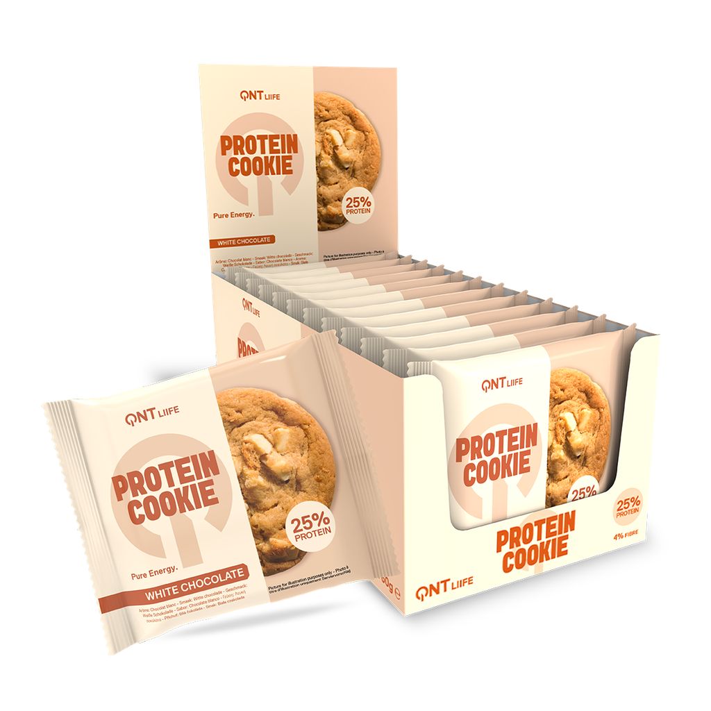 QNT Protein Cookie White Chocolate: Einzeln verpackte Kekse im Karton, 25% Protein.