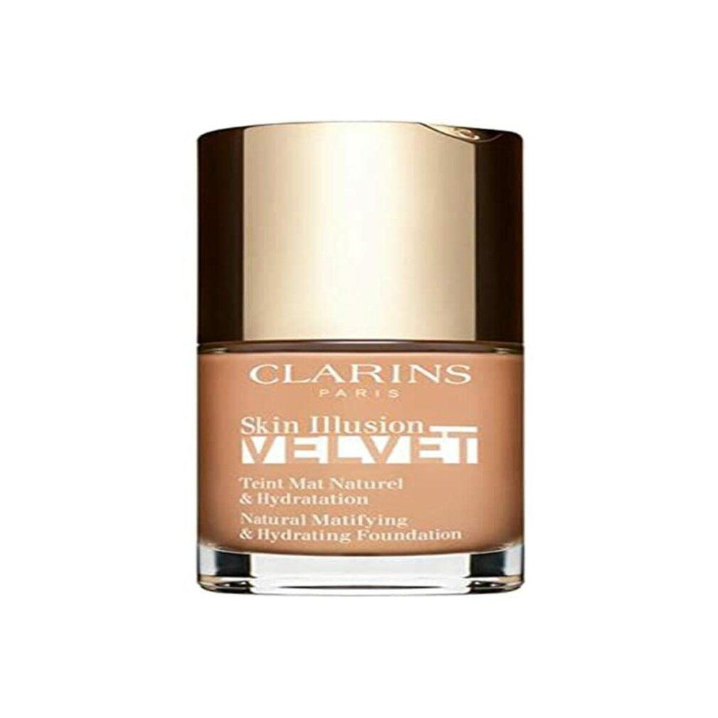 Clarins Skin Illusion Velvet Foundation. Flasche mit goldfarbenem Deckel. Text: Natural Matifying & Hydrating Foundation.