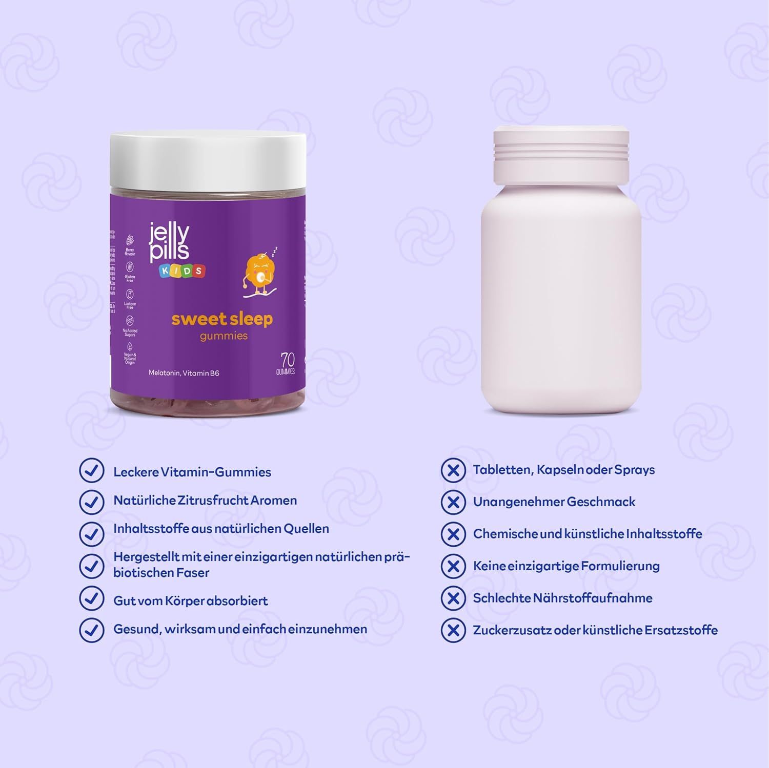 Eine Dose und eine weiße Flasche. Aufschrift: Jelly Pills Kids Sweet Sleep Gummies. Vorteile und Nachteile der Inhaltsstoffe.