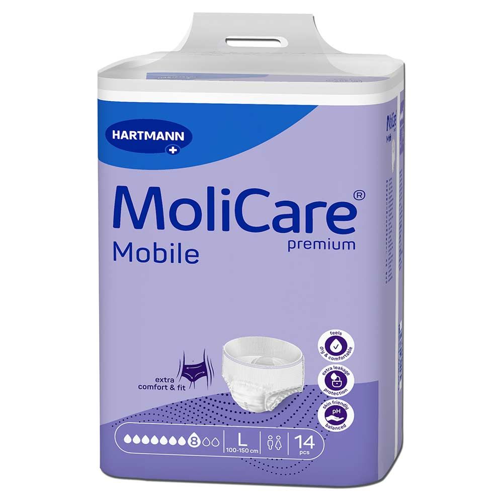 Verpackung MoliCare Mobile Premium. Marke Hartmann. Größe L, 14 Stück. Aufdruck: extra Komfort & Passform.