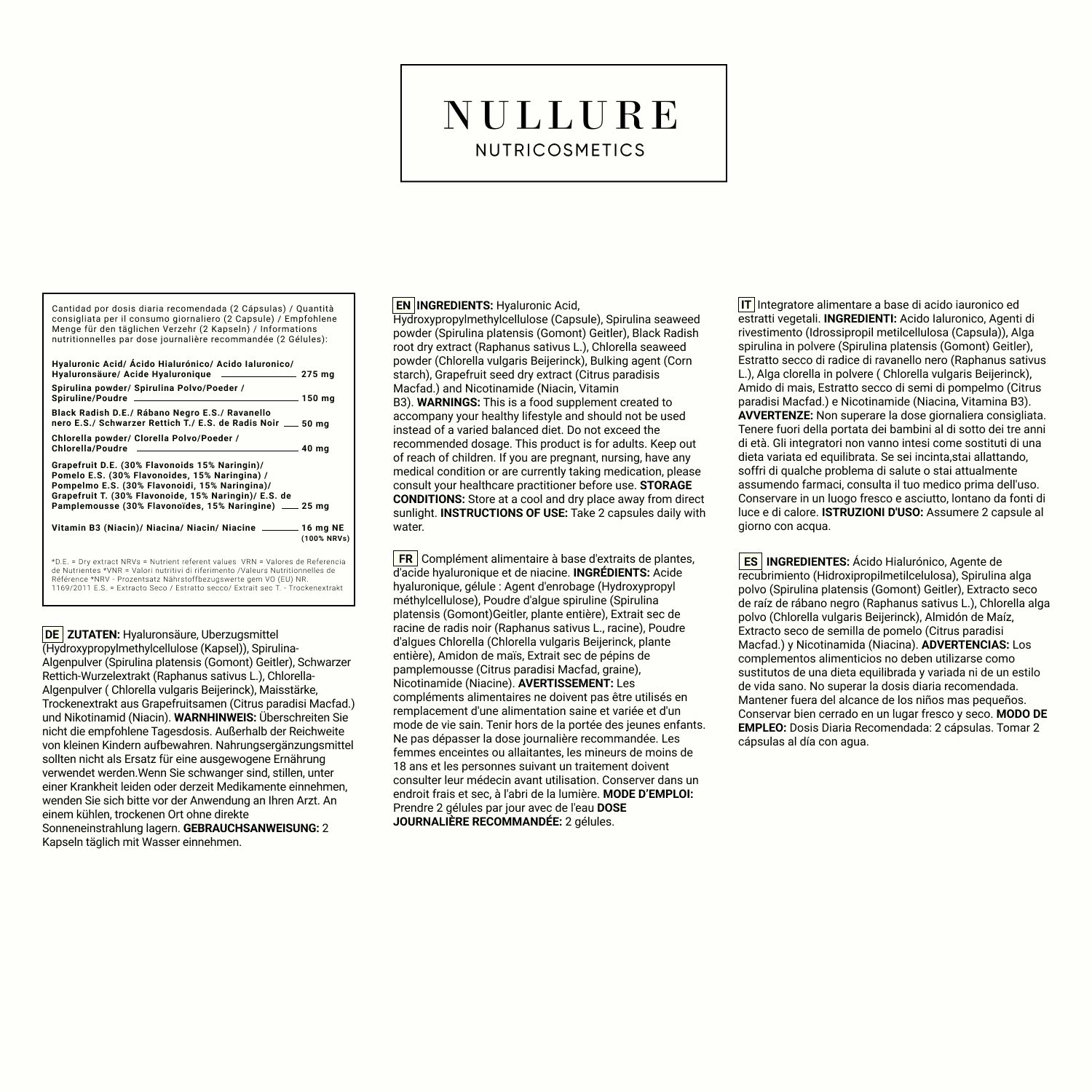 Textseite mit Inhaltsstoffen und Anwendungshinweisen. Marke: Nullure. Enthält Informationen zu Inhaltsstoffen und Dosierung.