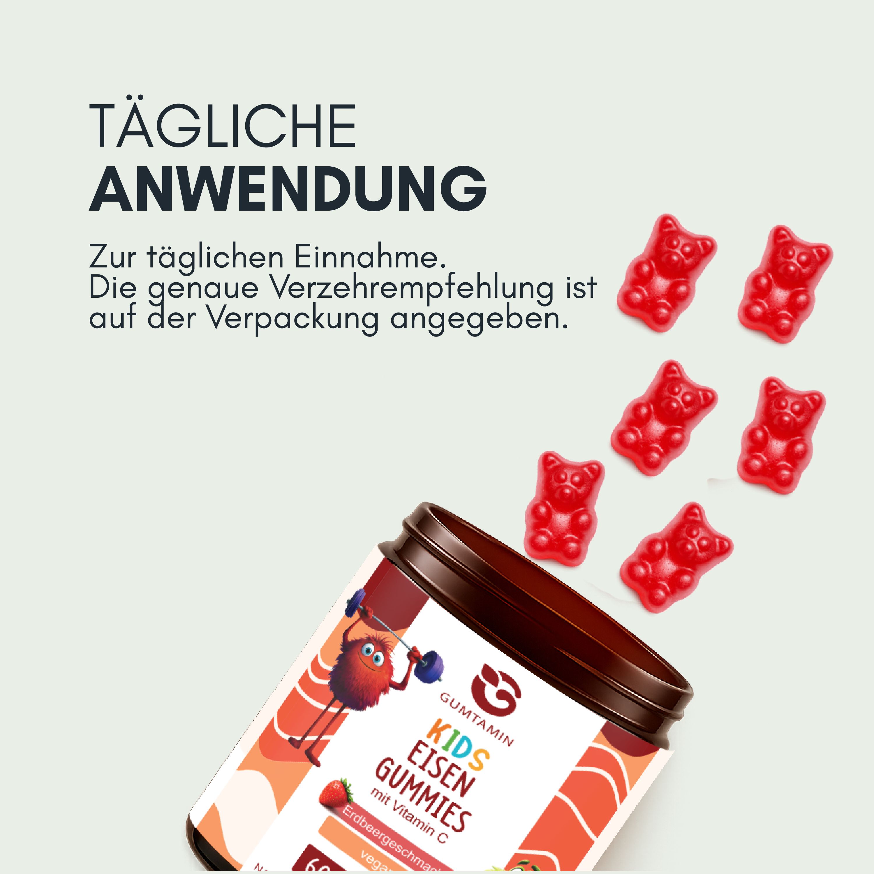 Sechs rote Gummibärchen fliegen aus einer geöffneten Dose.