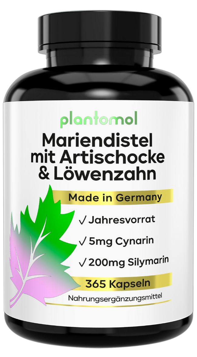Braune Flasche mit schwarzen Deckel. Aufschrift: plantomol Mariendistel mit Artischocke & Löwenzahn. 365 Kapseln. Made in Germany.