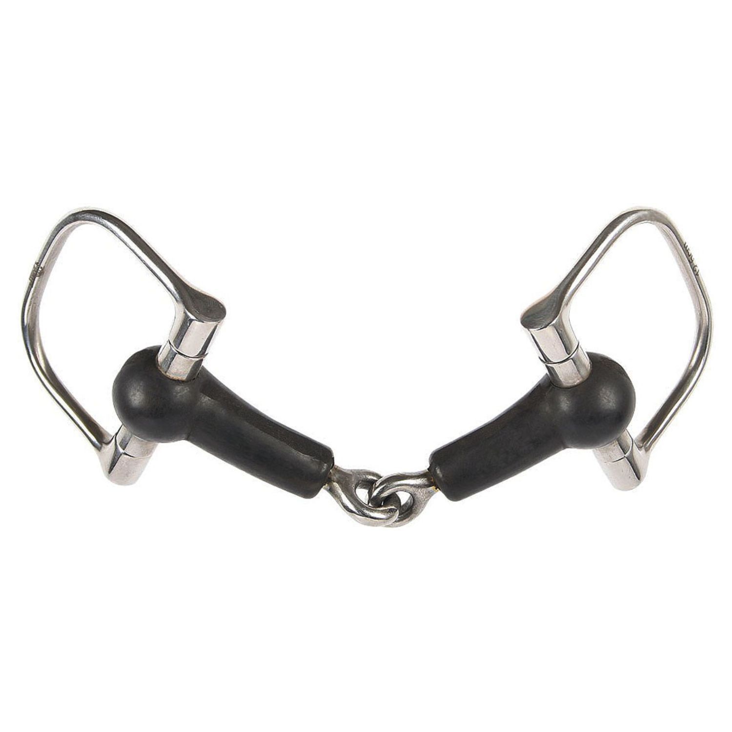 Gebiss mit schwarzem Mundstück und Metallringen. Das Mundstück ist mit einem Kettenglied verbunden.