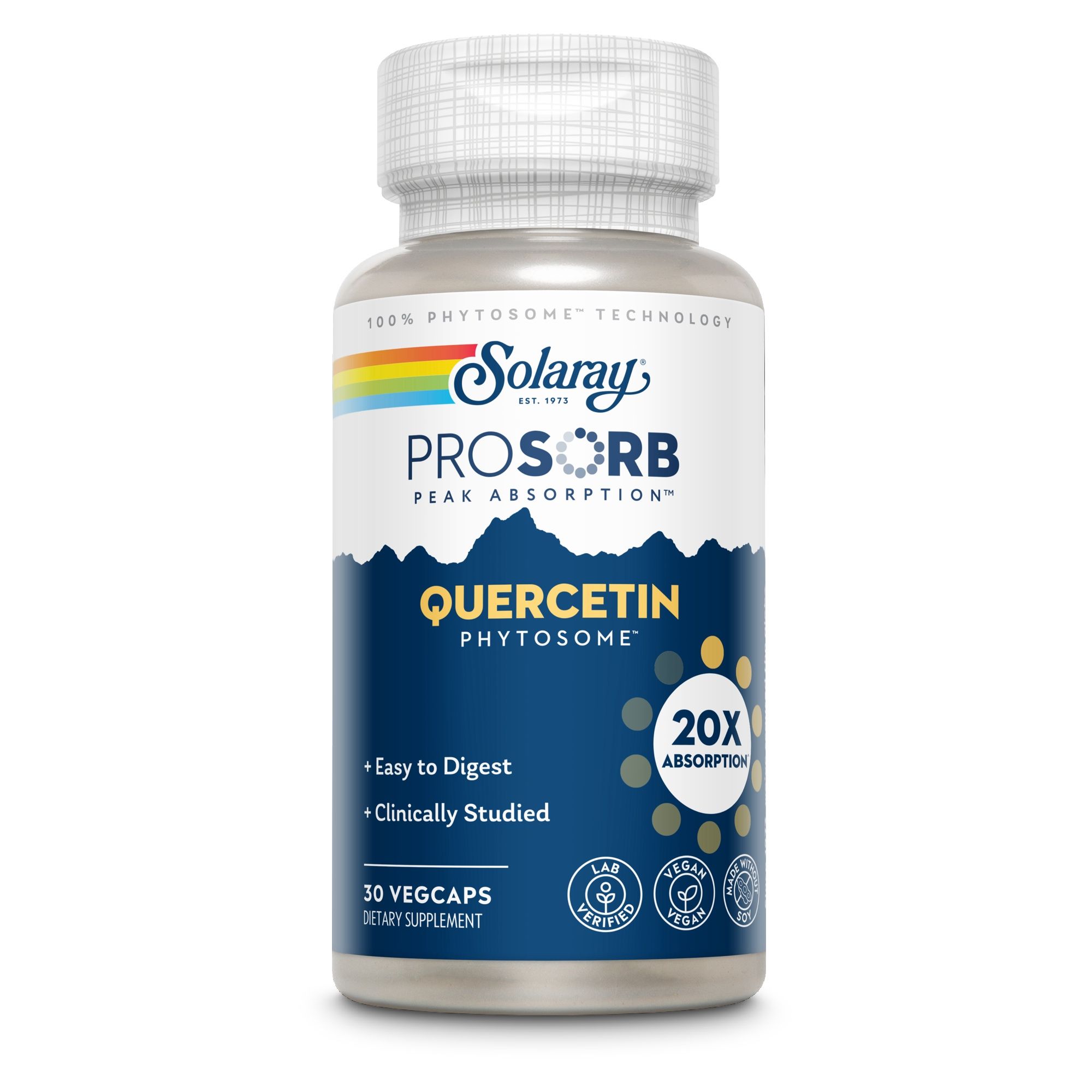 Solaray Quercetin ProSorb Flasche. 30 Vegicaps. 20x Absorption. Einfach zu verdauen. Klinisch geprüft. Vegan.