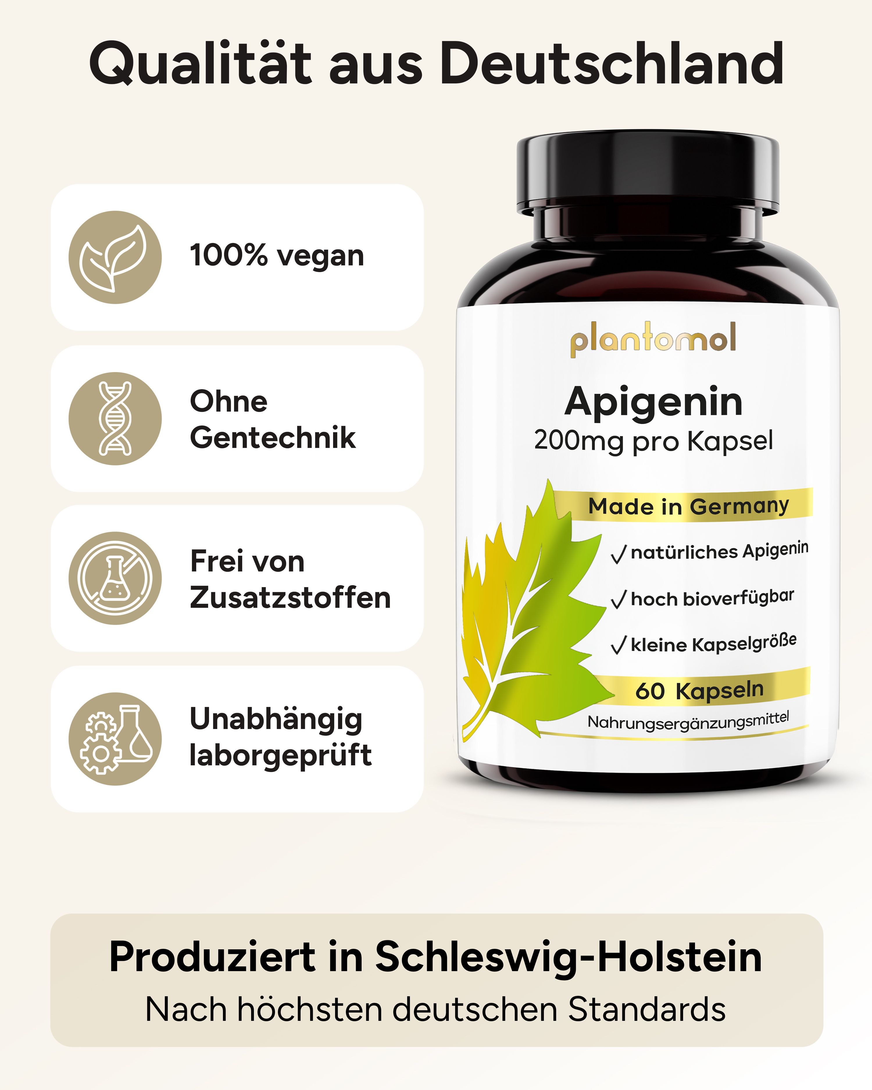 Produktflasche plantomol® Apigenin 200mg. 100% vegan, ohne Gentechnik, ohne Zusatzstoffe. Laborgeprüft.